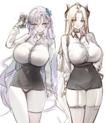 1girl alternate_costume black_choker black_hair black_panties black_skirt blonde_hair blue_flower breasts cantarella_(wuthering_waves) character_request choker collared_shirt commentary covered_navel cowboy_shot crossover english_commentary epic_seven flower geonjeonji hair_flower hair_ornament high-waist_skirt highres huge_breasts long_hair looking_at_viewer miniskirt panties purple_hair shirt sketch skirt solo straight_hair thighs underwear very_long_hair white_shirt wuthering_waves yellow_eyes