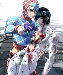 2boys aiming argyle_clothes argyle_sweater arrow_print bare_pectorals belt belt_buckle black_belt black_hair blood blood_from_mouth blood_on_face blue_eyes blue_hair blue_sweater bruno_bucciarati buckle buttons chest_tattoo clenched_teeth collared_shirt colored_inner_hair commentary cowboy_shot cropped_sweater eyelashes fingernails green_eyes guido_mista gun hair_ornament hairclip hand_on_another&#039;s_hip handgun heart heart_tattoo helmet high_collar highres holding holding_gun holding_weapon injury jojo_no_kimyou_na_bouken long_sleeves looking_at_viewer lower_teeth_only male_focus midriff multicolored_hair multiple_boys open_clothes open_mouth open_shirt outdoors pain pants pectorals pointing pointing_at_viewer red_helmet red_pants shirt short_hair sweater symbol-only_commentary tattoo teeth thick_eyebrows tile_floor tiles tiyi_(tiyi_a09) vento_aureo weapon white_pants white_shirt zipper zipper_pull_tab