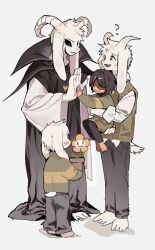 1other 3boys ? animal_ears asriel_dreemurr asriel_dreemurr_(god_of_hyperdeath) barefoot black_pants black_robe black_sclera blush_stickers brown_hair brown_sweater carrying carrying_person child clothing_cutout colored_sclera curled_horns deltarune eg0hen facial_mark fang flowey_(undertale) full_body furry furry_male goat_boy goat_ears goat_horns goat_tail highres horns kris_(deltarune) male_focus multiple_boys multiple_persona open_mouth palms_together pants robe short_hair simple_background smile standing sweater sweater_vest tail tail_through_clothes undertale white_background