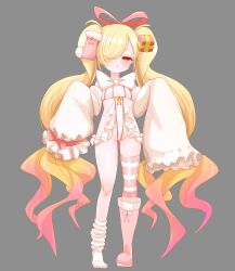 1girl absurdres asymmetrical_footwear asymmetrical_legwear blonde_hair blush boots christmas_stocking colored_tips female_focus flat_chest full_body gift_hair_ornament hair_over_one_eye highleg highres hikyou_takarasou loli long_hair long_sleeves looking_at_viewer multicolored_hair o3o original pink_hair red_eyes single_boot single_sock single_thighhigh sleeves_past_fingers sleeves_past_wrists socks solo standing thighhighs twintails very_long_hair very_long_sleeves