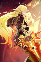 1girl absurdres biker_clothes bikesuit black_bodysuit black_gloves blonde_hair bodysuit earrings floating_hair from_side genshin_impact gloves highres holding holding_weapon jewelry long_hair long_sleeves looking_at_viewer mavuika_(genshin_impact) solo sun_earrings very_long_hair weapon wide_sleeves wuzhihuijia