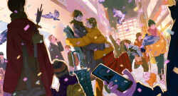 4boys 6+girls bird black_coat black_eyes brown_hair brown_pants brown_scarf building city coat dog eye_contact feet_up german_flag gomafuki green_shoes guitar_case hand_on_another&#039;s_shoulder hands_on_another&#039;s_waist happy highres holding holding_phone hug instrument_case looking_at_another multiple_boys multiple_girls open_mouth orange_coat original pants people phone pigeon plaid_clothes plaid_scarf plaid_skirt red_skirt rolling_suitcase scarf shih_tzu shoes short_hair skirt sleeve_belt smile sneakers suitcase tearing_up upper_body