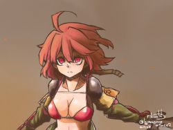 1girl ahoge bikini bikini_top_only breasts cleavage collar female_focus medium_breasts midriff navel red_eyes red_hair revya_(female) short_hair solo soul_cradle swimsuit upper_body