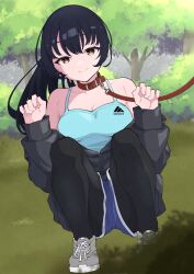 Rule 34 | 1girl, adidas, animal collar, bare shoulders, black hair, blue shorts, boku no kokoro no yabai yatsu, brand name imitation, breasts, brown eyes, closed mouth, collar, day, full body, grass, highres, large breasts, leash, leggings under shorts, long hair, long sleeves, looking at viewer, mekato, off shoulder, open clothes, outdoors, pants, pet play, ponytail, shoes, short shorts, shorts, smile, sneakers, solo, squatting, tree, yamada anna, yoga pants