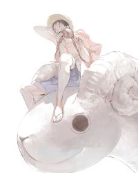 1boy absurdres arm_behind_head bare_shoulders black_hair blue_shorts boned_meat collarbone eating food fur-trimmed_shorts fur_trim going_merry hat highres holding holding_food kanji_(nievart) male_focus meat monkey_d._luffy one_piece open_clothes open_mouth open_shirt red_shirt sandals shirt short_hair shorts sitting straw_hat teeth toned toned_male white_background