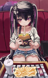 2girls absurdres bag black_hair black_nails blush burger cheese cheese_trail denim denim_shorts eating erie_ever_(torriet) food french_fries hair_between_eyes hairband highres holding holding_burger holding_food long_hair looking_at_viewer micro_shorts midriff multiple_girls nail_polish navel priite_hari_(torriet) purple_eyes purple_hairband shirt shorts shoulder_bag sidelocks sitting solo_focus thighs torriet twintails very_long_hair white_shirt