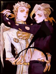 2boys absurdres angel angel_and_devil angel_wings arm_on_another&#039;s_shoulder black_pants black_shirt cleavage_cutout clothing_cutout collared_jacket cowboy_shot cropped_shirt demon_tail demon_wings earrings giorno_giovanna gold_belt hand_on_another&#039;s_ass hand_on_another_tail highres jacket jewelry jojo_no_kimyou_na_bouken ladybug_ornament looking_at_viewer male_focus multiple_boys navel okokoro_zaiku pannacotta_fugo pants shirt sparkle tail turtleneck turtleneck_shirt vento_aureo victory_rolls white_hair white_jacket white_pants wings yaoi yellow_eyes