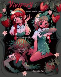 1girl barefoot blush braid closed_mouth colored_skin dress feefal flower food frown fruit grey_skin hair_flower hair_ornament hairband highres leaf monster_girl object_and_personification open_mouth original parted_lips personification pink_skin plant_girl procreate_(medium) red_hair seed seiza sharp_teeth sitting smile strawberry teeth transformation trypophobia twin_braids vivipary