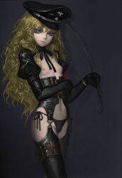 1girl absurdres alphonse_(white_datura) armband bdsm breastless_clothes breasts breasts_apart cameltoe corset cowboy_shot curly_hair dominatrix female_focus femdom garter_belt garter_straps gloves hat highres loli lolidom long_hair looking_at_viewer military military_hat military_uniform navel nazi nipples original panties peaked_cap riding_crop shrug_(clothing) side-tie_panties small_areolae small_breasts small_nipples solo spot_color standing swastika thighhighs topless_female underwear whip