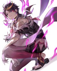 Rule 34 | 1boy, blonde hair, closed mouth, gloves, highres, looking at viewer, male focus, medium hair, multicolored hair, nijisanji, nijisanji en, purple hair, purple nails, red streaks, shu yamino, smile, solo, squatting, streaked hair, toenails, tsugutoku, virtual youtuber, wings