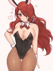 1girl animal_ears black_leotard blush bow bowtie breasts cleavage closed_mouth collar hair_over_one_eye highres kirijou_mitsuru large_breasts leotard long_hair looking_at_viewer luci_(purrlucii) pantyhose persona persona_3 playboy_bunny rabbit_ears red_eyes red_hair simple_background solo wrist_cuffs