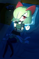 Rule 34 | 1girl, ?, absurdres, artist name, band shirt, black shirt, black thighhighs, bracelet, breasts, cellphone, clothed pokemon, collarbone, colored skin, dutch angle, female focus, fir3born, full body, gen 3 pokemon, goth fashion, green hair, green skin, hair over one eye, hand up, headphones, highres, holding, holding phone, indoors, jewelry, kirlia, knee up, light, looking at viewer, lying, merchandise, multicolored skin, night, nintendo, no humans, no panties, no pussy, on back, on bed, open mouth, phone, piercing, pillow, pokemon, pokemon (creature), powerwolf, record jacket, red eyes, sabaton (band), shiny skin, shirt, short hair, short sleeves, signature, small breasts, solo, speech bubble, spiked bracelet, spikes, spoken question mark, stratovarius, table, thighhighs, tongue, tongue piercing, two-tone skin, white skin