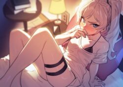 Rule 34 | 1girl, arm support, artist request, black bra, blue eyes, bra, commission, covering own mouth, from above, highres, indoors, knees up, legs, long hair, looking at viewer, on bed, original, pillow, second-party source, shirt, short sleeves, side ponytail, single bare shoulder, single off shoulder, sitting, solo, t-shirt, underwear, white hair, white shirt