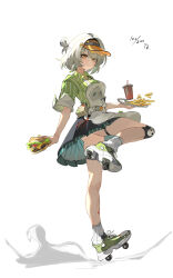 1girl absurdres anby_demara anby_demara_(operation_yum_2025) apron belt black_skirt braid burger chinese_commentary collared_shirt commentary_request cup food french_fries green_shirt green_shoes grey_hair highres holding holding_burger holding_food holding_tray looking_at_viewer official_alternate_costume shirt shoes short_hair side_braid simple_background skates skirt socks solo standing standing_on_one_leg striped_clothes striped_shirt tray visor_cap white_apron white_background white_belt white_socks yellow_eyes yuan_zhen zenless_zone_zero