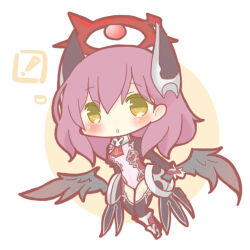 ! 1girl black_wings blush bodysuit chibi emil_chronicle_online hair_ornament halo homurabi lowres mitama_celes red_hair red_halo shin_guards simple_background wings yellow_eyes
