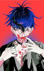 1boy black_hair blood blood_from_mouth blood_on_chest blood_on_face blood_splatter blue_background blue_hair bridge_piercing earrings eyepatch face_piercing fingernails gradient_background hands_up highres japanese_clothes jewelry lip_piercing looking_at_viewer male_focus messy_hair multicolored_hair nail_polish omokage_yugamu one_eye_covered open_mouth piercing pink_eyes portrait purple_nails red_background solo solo_focus the_hundred_line_-last_defense_academy- tongue upper_body