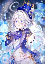 1girl :d asymmetrical_gloves black_shirt blue_eyes blue_gloves blue_hair blue_hat blue_jacket commentary_request furina_(genshin_impact) genshin_impact gloves hair_between_eyes hair_intakes half_gloves hands_up hat jacket long_sleeves looking_at_viewer mashiro_aa mismatched_gloves multicolored_hair open_clothes open_jacket open_mouth shirt shorts smile solo top_hat two-tone_hair vest white_gloves white_hair white_shorts white_vest