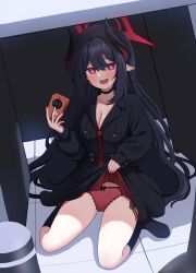 +_+ 1girl :d absurdres black_hair black_horns black_shirt black_skirt black_socks blue_archive blush breasts cameltoe camera chiaki_(blue_archive) cleavage clothes_lift collarbone collared_shirt commentary curved_horns demon_girl demon_horns eyelashes eyes_visible_through_hair felice_ykr full_body furrowed_brow hair_between_eyes halo hand_up high-waist_skirt highres holding holding_camera horns indoors kneehighs lace lace-trimmed_panties lace_trim lifting_own_clothes long_hair long_sleeves looking_at_viewer medium_breasts necktie no_shoes open_mouth panties pointy_ears presenting puffy_long_sleeves puffy_sleeves red_eyes red_halo red_necktie red_panties shirt side-tie_panties sitting skirt skirt_lift smile socks solo sweatdrop tile_floor tiles tsurime under_table underwear very_long_hair wariza