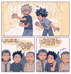 5boys absurdres aged_down arm_around_neck artist_name backwards_hat bakugou_katsuki boku_no_hero_academia child closed_eyes closed_mouth comic commentary dragon_wings english_commentary english_text habkart hat highres looking_at_another looking_at_viewer male_focus midoriya_izuku multiple_boys nodding open_mouth outdoors pants shirt short_hair short_sleeves smile speech_bubble spiked_hair standing t-shirt tank_top tree wings