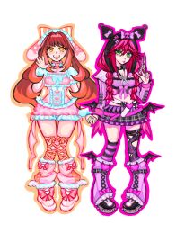 2girls amo_(gachiakuta) animal_print asymmetrical_legwear bat_wings black_boots black_skirt black_thighhighs boots bow braid brown_hair corset crop_top frilled_headband frilled_headwear frilled_leg_warmers gachiakuta green_eyes hair_bow heart holding_hands hunichuu leg_warmers lipstick long_hair long_sleeves makeup midriff miniskirt mismatched_legwear multiple_girls open_mouth orange_eyes pink_corset pink_hair pink_leg_warmers pink_ribbon pink_shorts plaid_clothes plaid_skirt puffy_short_sleeves puffy_sleeves purple_leg_warmers purple_thighhighs rabbit_print red_hair ribbon riyo_reaper short_shorts short_sleeves shorts skirt spiked_boots striped_clothes striped_thighhighs teeth thigh_strap thighhighs tongue tongue_out twin_braids upper_teeth_only v waving white_background wings yellow_eyes