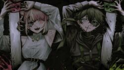 1boy 1girl armpit_cutout armpits artificial_eye belt black_belt black_hair blood blood_on_face bracelet chainsaw character_request clothing_cutout copyright_request detached_sleeves green_eyes hair_between_eyes highres holding holding_chainsaw isa_(31q_13) jewelry long_sleeves looking_at_viewer mandarin_collar mechanical_eye multicolored_hair necklace nosebleed pink_eyes pink_hair ringed_eyes short_hair sidelocks streaked_hair tassel upper_body