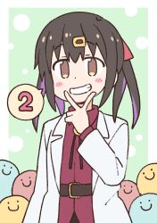 1girl belt black_hair blush_stickers brown_eyes c: commentary_request dot_nose finger_counting green_background grin hair_ornament hairclip lab_coat long_sleeves looking_at_viewer medium_hair multicolored_hair nekotoufu official_art onii-chan_wa_oshimai! oyama_mihari purple_hair red_shirt shirt simple_background smile solo spoken_number streaked_hair twintails two-tone_hair v v_over_mouth