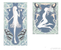 Rule 34 | 2girls, anatomical nonsense, art nouveau, blonde hair, bug, butterfly, colored skin, completely nude, flat chest, full body, highres, insect, kishi takuya, long feet, long fingers, multiple girls, nipples, nude, original, skinny, solo, traditional media, white skin