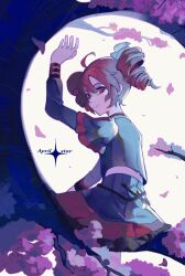 ahoge april_star_(synthesizer_v) arm_up black_skirt black_sleeve_cuffs bow cherry_blossoms closed_mouth drill_hair from_behind full_moon grey_jacket grey_skirt hair_between_eyes hair_bow hair_ribbon highres ianxy2 in_tree jacket kasane_teto kasane_teto_(sv) layered_sleeves long_sleeves looking_at_viewer looking_back midriff_peek moon musical_staff musical_staff_print night red_hair red_skirt red_trim ribbon shadow sitting sitting_in_tree skirt skirt_set smile striped_sleeves synthesizer_v tree twin_drills utau white_bow white_ribbon