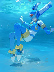 1girl armor blue_armor blue_helmet closed_eyes dated fairy_leviathan_(mega_man) fins forehead_jewel full_body head_fins helmet highres mega_man_(series) mega_man_zero_(series) omochi_(mochi_skymega) smile solo