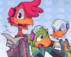 3boys akita_neru akita_neru_(cosplay) cosplay crossdressing detached_sleeves disney donald_duck duck_boy hatsune_miku hatsune_miku_(cosplay) highres jose_carioca kasane_teto kasane_teto_(utau) mickey_mouse_&amp;_friends multiple_boys necktie panchito_pistoles parody shirt smile smiley_hair_ornament stormagedoom the_three_caballeros triple_baka_(vocaloid) vocaloid yellow_necktie