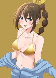 Rule 34 | 1girl, amarinimo325, bare shoulders, bikini, blue eyes, blue jacket, breasts, breasts apart, brown hair, collarbone, commentary, gold bikini, hair between eyes, hair intakes, highres, jacket, jacket partially removed, large breasts, long hair, love live!, love live! nijigasaki high school idol club, multi-tied hair, navel, osaka shizuku, ponytail, ribs, simple background, solo, stomach, swimsuit, symbol-only commentary, upper body, yellow background, yellow bikini