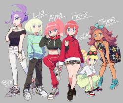 1boy 5girls aina_ardebit alternate_costume biar_colossus black_hoodie black_pants black_shirt blonde_hair blue_eyes bow brown_hair camouflage camouflage_shorts casual character_name cropped_hoodie dark-skinned_female dark_skin denim double_bun dress floral_print floral_print_dress glasses goggles goggles_on_head green_sweater grey_background hair_bow hair_bun hands_in_pockets hands_on_own_knees heris_ardebit hood hoodie jeans leg_up lineup lio_fotia long_hair lucia_fex mago multicolored_hair multiple_girls odd_one_out off_shoulder overalls pants pink_hair ponytail print_dress promare puckered_lips purple_eyes purple_hair red_pants red_sweater shirt shoes short_hair shorts siblings side_ponytail sisters smile sneakers squatting standing studio_trigger sweater thyma_(promare) trap white_pants white_shirt yellow_overalls