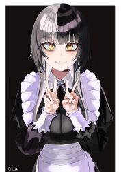 1girl 538rc alternate_costume apron black_background black_dress black_hair border closed_mouth commentary double_v dress enmaided grey_hair highres hololive hololive_english long_hair maid maid_apron shiori_novella smile solo twitter_username v virtual_youtuber white_apron white_border yellow_eyes