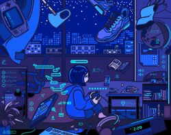 ._. 1girl bag bag_of_chips barefoot battery_indicator bed bedroom blue_eyes blue_hair blue_hoodie blue_pants blue_theme book bookshelf bottle building cable calendar_(object) camera cellphone chair chips_(food) city city_lights cityscape clock cloud coin commentary_request controller digital_clock floating floating_object food from_side game_controller globe handheld_game_console heart highres hood hoodie kei_kawakami key long_sleeves looking_ahead night night_sky office_chair on_floor open_bag open_book pants phone plant potato_chips potted_plant segment_display shoes short_hair sitting sky skyscraper smartphone sneakers solo star_(sky) starry_sky sun_symbol swivel_chair timestamp trash_can unworn_shoes volume_symbol wi-fi_symbol wide_shot window