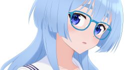 1girl blue-framed_eyewear blue_eyes blue_hair blush close-up collarbone glasses highres long_hair looking_at_viewer open_mouth sailor_collar shiunji-ke_no_kodomotachi shiunji_seiha sidelocks solo thick_eyebrows user_acdr2723 very_long_hair white_background white_sailor_collar
