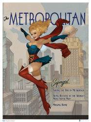 10s 1girl 2014 belt blonde_hair blue_dress blue_eyes blue_gloves bombshells boots city dc_comics dress female_focus fingerless_gloves flying gloves high_heel_boots high_heels highres kryptonian red_footwear red_scarf scarf shoes smile solo strapless supergirl thigh_boots thighhighs white_thighhighs