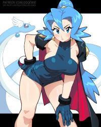 1girl 333_(dqqqdle) bent_over black_border black_cape blue_eyes blue_hair blue_leotard border breasts cape clair_(pokemon) cowboy_shot creatures_(company) dragon dragonair earrings game_freak gen_1_pokemon high_ponytail jewelry large_breasts leotard long_hair nintendo pokemon pokemon_(creature) pokemon_gsc ponytail simple_background solo watermark white_background