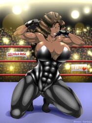1girl 2023 abs angry audience bleach bleach:_sennen_kessen-hen breasts brown_hair cleft_of_venus dark-skinned_female dark_skin fighting franceska_mila_rose gloves green_eyes highres huge_breasts leotard muscular muscular_female rtenzo solo squatting stadium wrestling_ring
