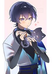 Rule 34 | 1boy, animal, armor, baby bottle, belt, black belt, black bodysuit, black bow, black bridal gauntlets, black cat, black shorts, blue gemstone, blue kimono, blue sleeves, blunt ends, blush, bodysuit, border, bottle, bow, bridal gauntlets, bright pupils, cat, colored inner hair, eyeliner, eyeshadow, feathers, furisode, gem, genshin impact, gold, gold ring, hands up, highres, holding, holding animal, holding bottle, holding cat, japanese armor, japanese clothes, juban, kimono, kote, kurokote, layered sleeves, looking at animal, makeup, male focus, mandarin collar, middle ring, multicolored hair, nero hanken, open clothes, open kimono, parted lips, pillarboxed, pom pom (clothes), purple eyes, purple hair, purple sash, red eyeliner, red eyeshadow, sash, scaramouche (cat) (genshin impact), scaramouche (genshin impact), short sleeves, shorts, solo, upper body, vision (genshin impact), wanderer (genshin impact), watermark, white border, white kimono, white mouth, white pupils, white sleeves, yellow feathers