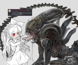 1girl alice_sawyer alien_(series) artist_request bag blush check_artist commentary discord dress english_commentary feeding girutea grey_background hair_ribbon indie_virtual_youtuber long_hair nose_blush open_mouth petting puffy_short_sleeves puffy_sleeves red_eyes ribbon saliva second-party_source short_sleeves shoulder_bag signature simple_background sugar_cube two_side_up very_long_hair virtual_youtuber xenomorph