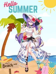 1girl alternate_costume beach blonde_hair breasts character_name collage_(medium) colored_inner_hair crab crop_top cup earrings english_text flower food full_body gradient_hair hat hat_flower highres holding holonatsu_paradise jewelry large_breasts long_hair midriff moona_hoshinova moona_hoshinova_(holonatsu_paradise) multicolored_hair nail_polish navel open_mouth palm_tree papercraft_(medium) purple_eyes purple_hair road_sign sand sandals sign solo starfish starry_hair sun sun_hat sunglasses swimsuit tree two-tone_hair unconventional_media very_long_hair virtual_youtuber