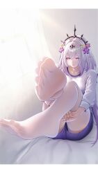 1girl absurdres castorice_(honkai:_star_rail) feet highres honkai:_star_rail honkai_(series) long_hair mimuxiao pantyhose pointy_ears purple_eyes soles toes white_pantyhose