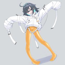 Rule 34 | 1girl, ahoge, barcode, belt buckle, black hair, blue eyes, blue hair, bodysuit, bodysuit under clothes, buckle, colored inner hair, crotch zipper, earrings, full body, grey background, hair intakes, highres, id card, jewelry, latex, latex bodysuit, looking at viewer, menou 74, multicolored hair, orange bodysuit, original, outstretched arms, oversized clothes, pigeon-toed, ringed eyes, sharp teeth, shiny clothes, skin tight, sleeves past fingers, sleeves past wrists, solo, spread arms, standing, straitjacket, teeth, two-tone hair