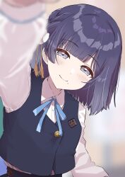 1girl absurdres arm_up blue_ribbon blue_vest blunt_bangs blurry blurry_background closed_mouth collared_shirt commentary_request flower gakuen_idolmaster grey_eyes hair_flower hair_ornament half-closed_eyes hataya_misuzu hatsuboshi_gakuen_school_uniform head_tilt headpat highres idolmaster incoming_headpat long_sleeves looking_at_viewer mole mole_under_mouth neck_ribbon pov purple_hair ribbon school_uniform shirt short_hair smile solo upper_body uroboros_t vest white_shirt
