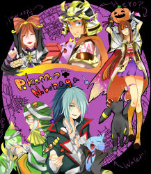 armor blue_eyes brown_hair candy cape castle chain chain_necklace chosokabe_motochika closed_eyes coat cosplay crown dewott eating english_text espeon food frilled_thigh_strap gen_2_pokemon gen_5_pokemon green_hair hair_between_eyes hair_bun hair_ornament hair_over_one_eye halloween halloween_costume happy helmet hero_(pokemon_conquest) heroine_(pokemon_conquest) jack-o&#039;-lantern japanese_clothes jewelry kimono lantern legs long_bangs looking_to_the_side mini_crown mouri_motonari multicolored_hair mummy_costume necklace nintendo nun obi oichi oichi_(pokemon_conquest) oichi_(sengoku_musou) orange_footwear pleated_skirt pocky poke_ball_print pokemon pokemon_conquest ponytail purple_skirt sash sengoku_musou servine skirt smile streaked_hair sweatdrop thigh_strap thighs two-tone_hair umbreon