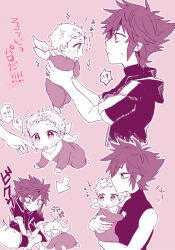 !? 2boys aged_down all_fours anoko_(darenokoanoko) arrow_(symbol) baby blush carrying carrying_baby carrying_person commentary_request crawling expressionless facing_to_the_side hand_on_another&#039;s_cheek hand_on_another&#039;s_face hands_up hood hood_down hooded_jacket jacket kingdom_hearts kingdom_hearts_birth_by_sleep male_focus monochrome multiple_boys neckerchief notice_lines onesie open_mouth outline pink_theme shirt short_hair short_sleeves sleeveless sleeveless_shirt slit_pupils sparkle speech_bubble spiked_hair sweat sweatdrop translation_request turtleneck turtleneck_shirt vanitas_(kingdom_hearts) ventus_(kingdom_hearts) white_outline