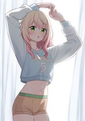 1girl :o arms_up blonde_hair blue_shirt blush boxers clothes_writing commentary_request cowboy_shot curtains gradient_hair green_eyes hair_over_shoulder highres hololive indoors long_hair long_sleeves looking_at_viewer male_underwear momosuzu_nene momosuzu_nene_(cheerleader) multicolored_hair navel no_pants number_print open_mouth orange_male_underwear own_hands_together pink_hair print_shirt rainna shirt solo stomach sunlight two-tone_shirt underwear virtual_youtuber white_shirt