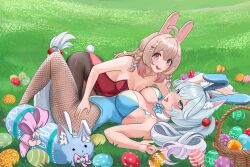 2girls ahoge animal_ears basket blue_eyes bondpaint bow braid cherry_hair_ornament easter easter_egg egg food-themed_hair_ornament grass grey_hair hair_bow hair_ornament highres indie_virtual_youtuber kirsche_verstahl leotard multiple_girls on_grass open_mouth outdoors pantyhose phase_connect pink_eyes pink_hair pipkin_pippa playboy_bunny rabbit_ears second-party_source smile tongue tongue_out twin_braids twintails virtual_youtuber