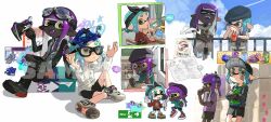 Rule 34 | 2girls, against railing, black-framed eyewear, black boots, black hairband, black shorts, black skin, blue hair, boots, chibi, chibi inset, colored skin, colored tongue, commentary, dapple dualies (splatoon), dress shirt, dual wielding, fang, full body, glasses, goggles, goggles on head, green eyes, grey jacket, hairband, highres, holding, holding weapon, index finger raised, inkling, inkling girl, inkling player character, jacket, long hair, miko (15476997), multiple girls, multiple views, nintendo, one eye closed, open mouth, pointy ears, purple hair, purple tongue, railing, red shirt, sample watermark, shirt, shoes, short hair, shorts, smile, splatoon (series), symbol-only commentary, tentacle hair, tetra dualies (splatoon), watermark, weapon, white shirt, white shoes, yellow eyes