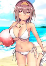 1girl absurdres ball barefoot beach beachball bikini bikini_tan blue_sky blush breasts brown_hair closed_mouth clothes_pull cloud day hair_between_eyes hairband highres holding holding_ball holding_beachball kantai_collection kuromayu large_breasts ocean orange_hairband outdoors shiratsuyu_(kancolle) short_hair shorts shorts_pull side-tie_bikini_bottom sky smile solo swimsuit tan tanline water whistle whistle_around_neck white_bikini white_shorts
